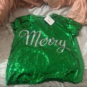 Green Sequin 'Merry'  Christmas party shirt